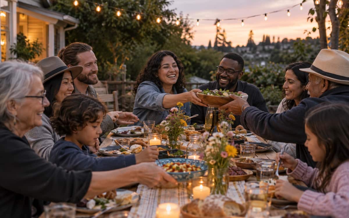 Community dinner at dusk